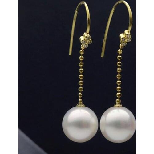 Free Shipping AAA 9-10MM White Freshwater Pearl Diamond Hook Drop Earrings 18K Yellow Gold New