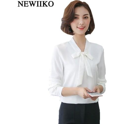 Spring Autumn women Basic style casual Full-sleeve shirts solid Bow V-neck large size loose blouse office lady chiffon tops
