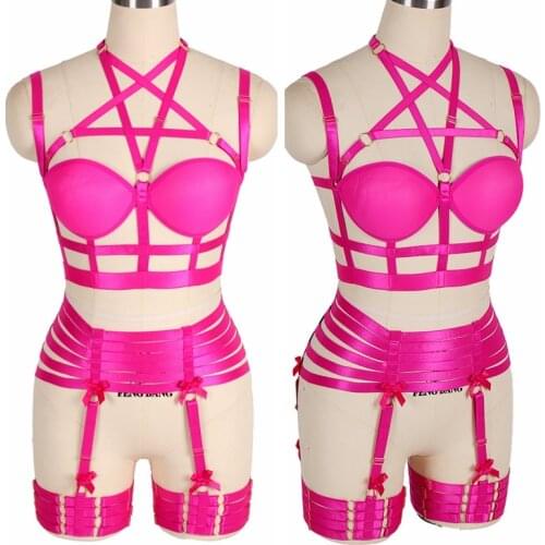 Pentagram Frame Bra Women Set Cage Breast Full Cup Top Elastic Halloween Rave Sexy Hot Pink Lingerie Belt Garter Body Harness