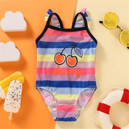 2021 Summer Swimsuit Kids One-Piece Swimsuits Rainbow Striped Square Neck Sleeveless Swimwear for Girls 3 Months-3 Years