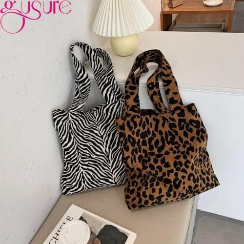 Gusure Casual Corduroy Handbags for Women Retro Leopard Zebra Animal Print Handbags Lady Large Capacity Shoulder Shopping Tote