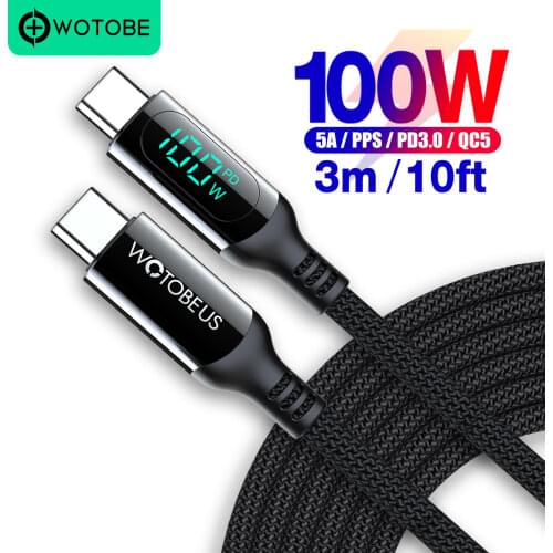 PD 100W LED Display 5A USB C to C Cable, WOTOBEUS Type-C Nylon Braided Cord for MacBook Pro iPad Asus Dell laptop mobile phones