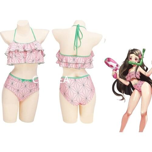 Anime Demon Slayer Cosplay Costume Kamado Nezuko Swimsuit Kimetsu No Yaiba Sexy Bikini Swimsuit Beach Swimwear Summer Women