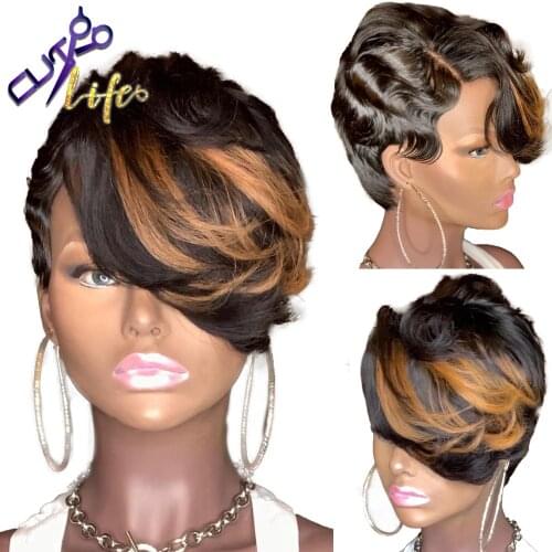Honey Blonde Highlight Ombre Color Short Wavy Bob Pixie Cut Full Machine Made Non Lace Human Hair Wigs With Bang For Black Women