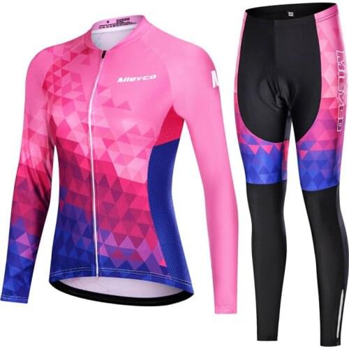 Mieyco Womens Long Sleeve Cycling Jersey Spring And Autumn Set MTB Bike Sport Cycling Clothing Top 20D Gel Pad Bib