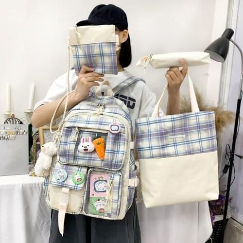 4-piece Set Fashion Womens Backpack Cute Pendant Plaid School Bag For Girls Large Capacity Nylon Backpacks With Many Pockets