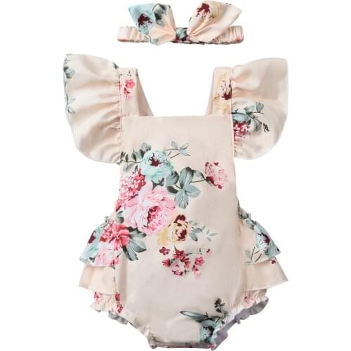 Infant Baby Girl Clothes Summer Outfits Fly Sleeve Square Collar Ruffles Tutu Bodysuit with Headband Cute Baby Flowers Set 0-12M