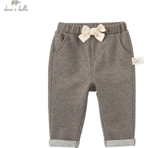 DB19677 dave bella autumn baby girls fashion bow solid pants children full length kids girl pants infant toddler trousers