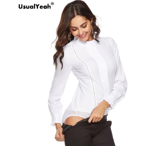 UsualYeah Autumn Frilled Collar White Shirt Long Sleeve Pleated Body Shirt Elegant Top Slim Zipper Up Office Ladies Bodysuit