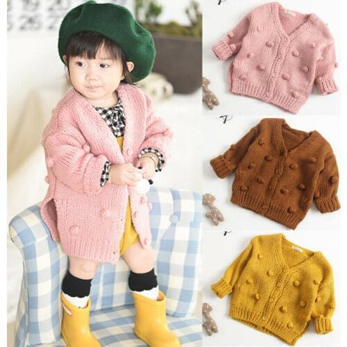 1-3Y Autumn Toddler Baby Girl Warm Knitted Coats Solid Ball V-Neck Winter Jackets Warm Baby Girls Clothes
