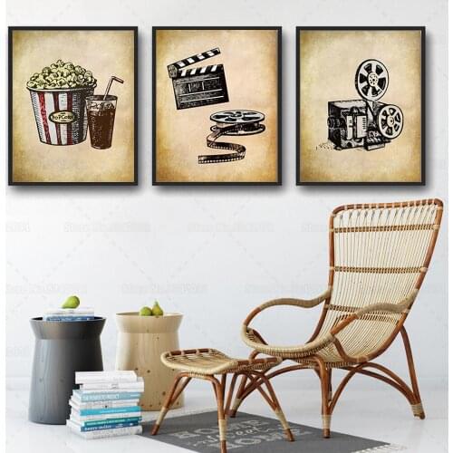Vintage Style Popcorn Film Projector and Clapper Print Poster Movie Theater Canvas Painting Cinema Wall Art Decor Cinephile Gift