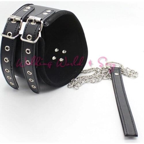 Widen Slave Collar With Chain Leash Pu Leather Necklace Chastity Neck Collar Fetish Choker Bondage Collar Adult Games Sex Toys