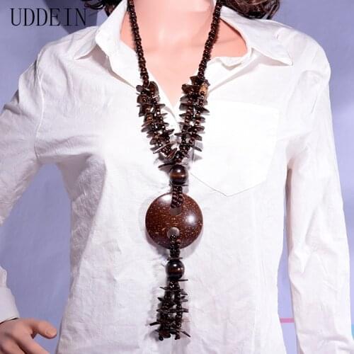 UDDEIN Bohemian Handmade Wood Beads Long Necklace & Pendant Coffee Irregular Tassel Wooden Chain Necklace Women Party Jewelry