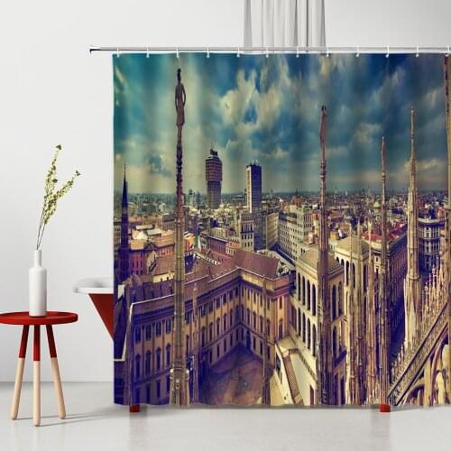 Waterproof Shower Curtain Europe Building Seaside Fresh Flowers Small Town 3D Printed Bathtub Screen Bath Curtains Set With Hook
