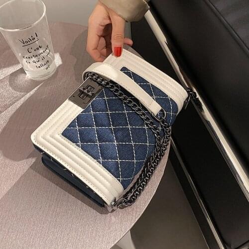 Embroidery Thread Lingge Chain Denim Small Crossbody Bags for Women 2021 Shoulder Simple Special Lock Designer Handbags Purse