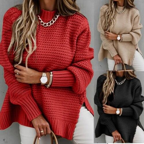 Women O-neck Loose Casual Solid Stitching Long-sleeved Knitted Sweater Female Cardigan Loose Streetwear Soft Warm Pull