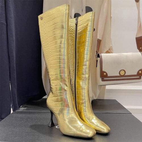 2021 Women Long Boots Gold 9CM High Heels Genuine Leather With Zipper Ladies Shoes Luxury Designer High Quality