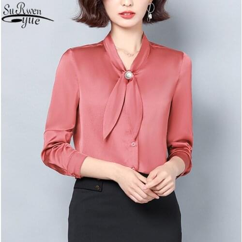 Plus Size Button Cardigan Female Clothing 2021 Autumn Silk Solid Shirt Women Office Lady Long-Sleeve Bow Women Blouse Tops 10854