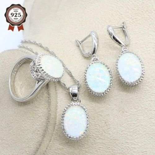 White Opal Silver Jewelry sets For Women Luxury 925 Sterling Silver Ring Earrings Pendant Set Fashion Jewelry