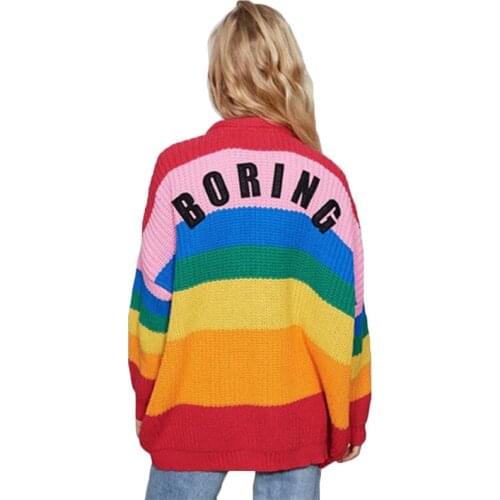 2021 Autumn Winter Knitted Cardigan Rainbow Sweater V Neck Loose Harajuku Women Streetwear Striped Jumpers