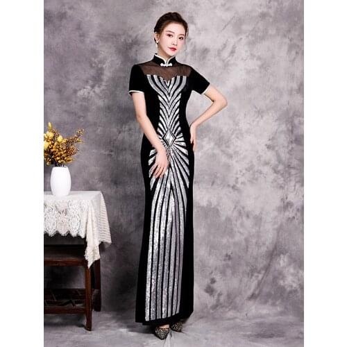 High neck Short Sleeve Evening Dress Vintage Velor Sequins Women Formal Robes Black Elegant Vestidos