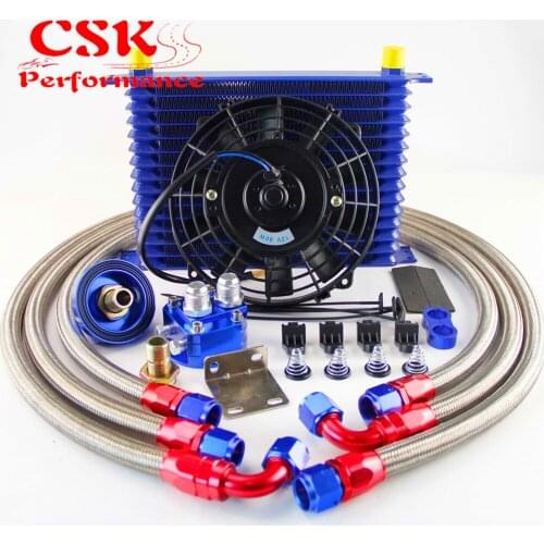 15 Row AN10 Universal Engine Transmission Oil Cooler +Relocation Adapter Kit+ 7" Electric Fan Kit Blue