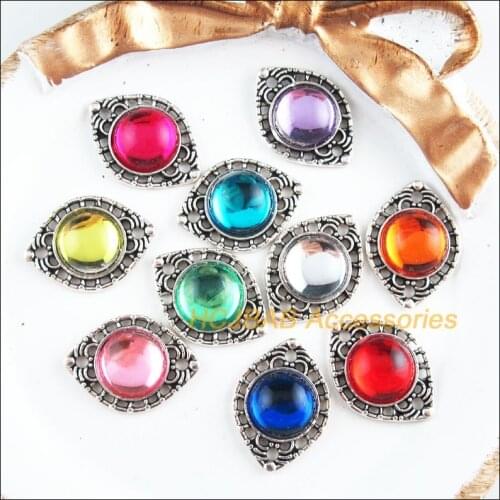 20Pcs Tibetan Silver Tone Flower Mixed Acrylic Eyes Charms Connectors 14.5x20mm