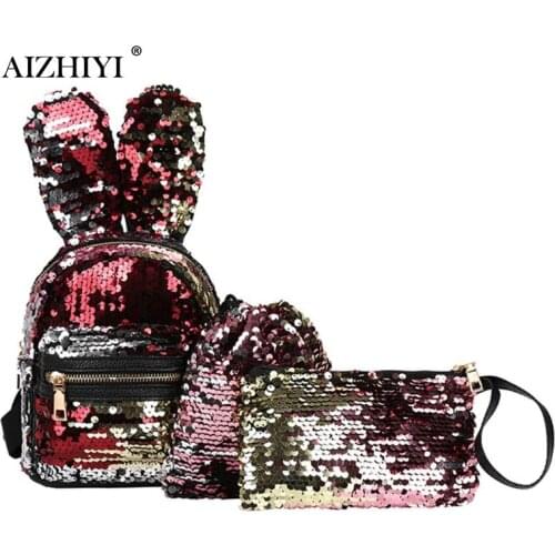 3pcs/Set Women Rabbit Ears Sequins Mini Backpack Sequins Bags for Girls Teenage Shoulder School Backpack Fashion Day Clutch New