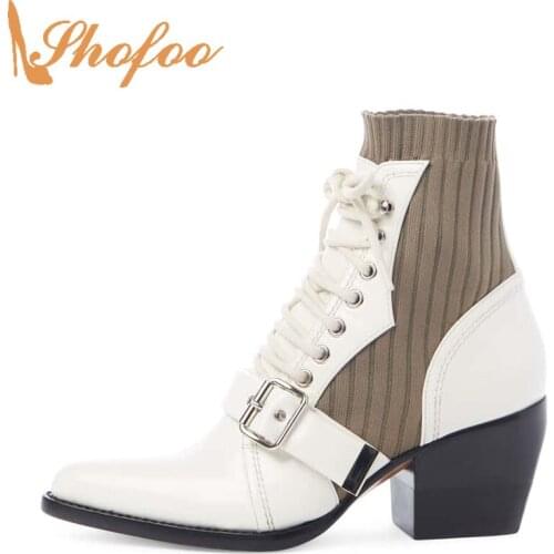 White Ankle Boots Woman High Chunky Heels Pointed Toe Buckle Lace Up Knit Booties Large Size 11 15 Ladies Fashion Shoes Shofoo