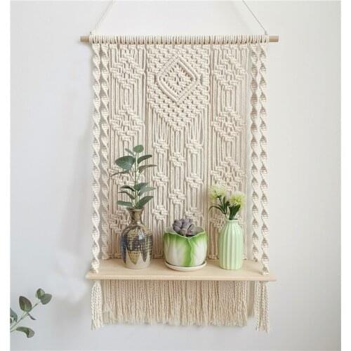 Bohemian Hand-Woven Macrame Wall Hanging Rope Shelf Indoor Plant Wooden Rack Stand Bohemian Macrame Tapestry Home Decor Ornament
