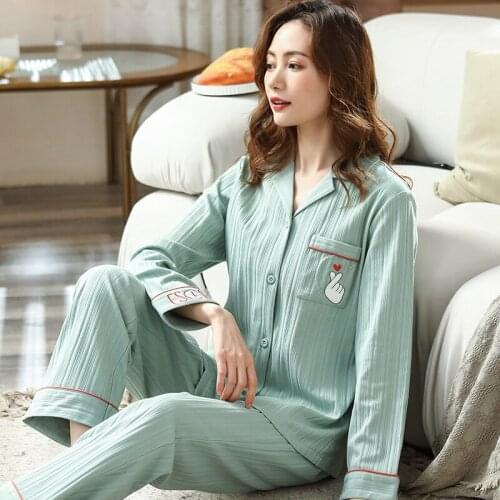 Spring and Autumn Solid Color Pajamas Women Full Pure Cotton Long-sleeved Trousers Home Suit Big Yards XXXL Cardigan Sleepwear