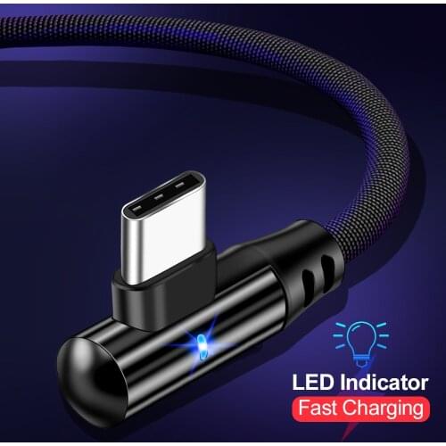Mobile Phone USB C LED Quick Charger Wire 90 Degree USB Type C Cable Microusb 3A Fast Charging Data Cord For Samsung Huawei Vivo