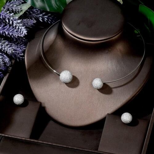 HIBRIDE Simple Ball Shape Fashion Female Choker Earring Sets White Gold Color Shiny Cubic Zirconia Bridal Jewelry Sets N-1698