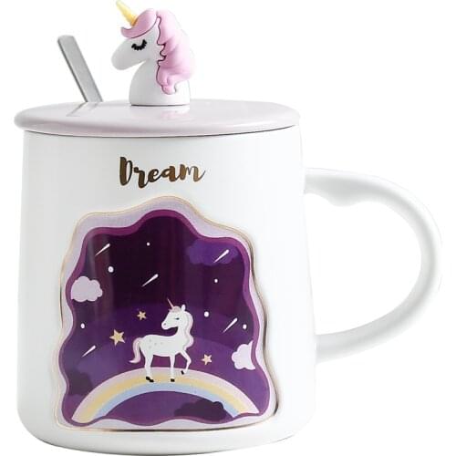 Hand-painted 3D Unicorn Coffee Mug Creative Cute Cartoon Milk Tea Juice Ceramic Cup With Lids Spoon Gift For Kid