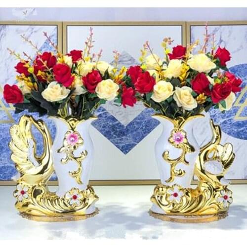 Creative European-style gold and white ceramic swan vase, home office restaurant bar desktop decorations, Christmas wedding gift