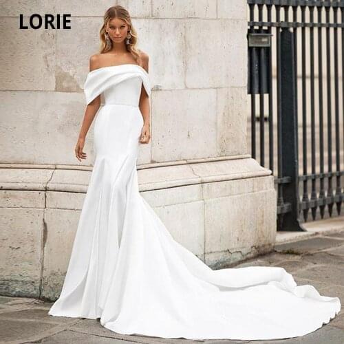 LORIE 2020 Spring Satin Mermaid Wedding Dresses Off the Shoulder Beach Wedding Party Dresses Elegant Bridal Gowns with train