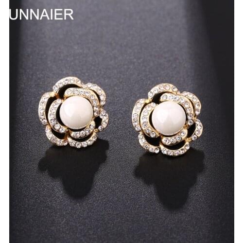 UNNAIER fashion personality Black and white Rose flower Earrings Female Imitation pearls Rhinestone Ear jewelry