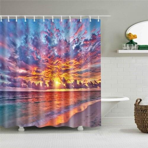 Seaside Sea Beach Sea Wave Coconut Tree Shower Curtains Bathroom Curtain Frabic Waterproof Polyester Bath Curtain with Hooks