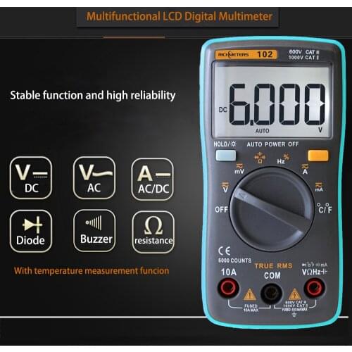 RICHMETERS 102 LCD Multimeter DMM DC AC Voltage Current Meter Resistance Diode Capacitance Tester Measurement Ammeter Voltmeter