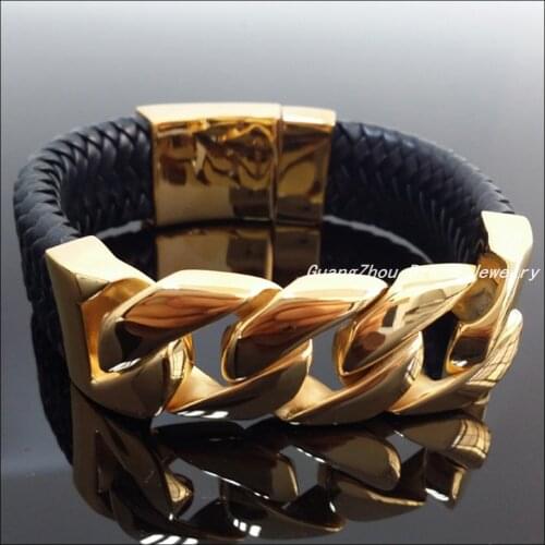 9.05"*24mm New Fashion Smooth Jewelry Stainless Steel Silver Gold colorCurb Chain Mens Boys Bracelet Bangle With Genuine Leather