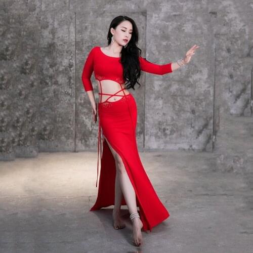 New style belly dance fashion sexy half-sleeved top + long skirt practice clothes womens temperament modal performance clothes