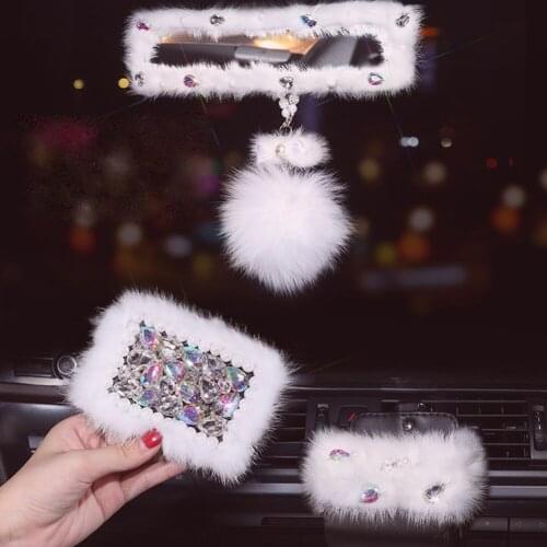 Furry Auto Car Decoration Set Rear View Mirror Cover Hanging Decoration Air Vent Storage Bag & Drivers License Bag & Key Bag