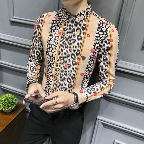 Luxury mens long-sleeved shirt spring autumn business fashion casual leopard print shirt nightclub wedding slim shirt Brand male