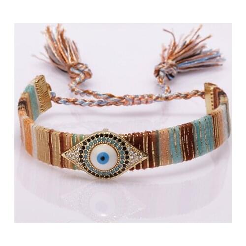 Mix cz pave Fatimas Hand hamsa blue eye protection ethnic boho soft cotton silk tassel band charm adjustable woman bracelet