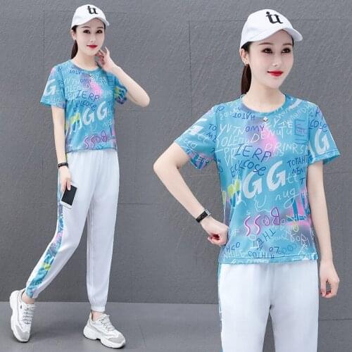 Sports Suit Womens Summer Wear 2021 New Fashion Korean Casual Large Size Plump Girls Short Sleeve I Two-Piece Fashion Brand