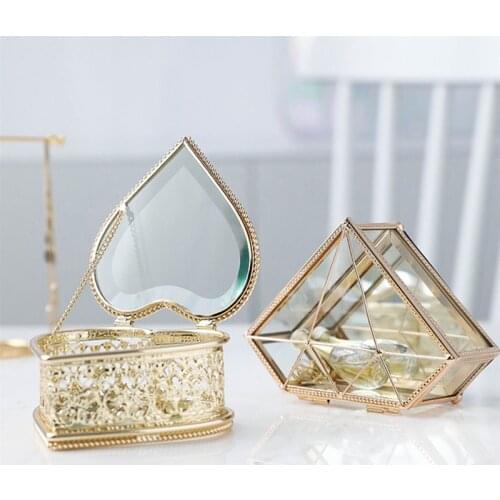 Heart Diamond Glass Box Gold Jewelry Organize Holder Ring Necklace Bracelets Storage Accessories Home Table Decoration Container