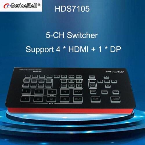 DeviceWell HDS7105 7105 Super Mini Switcher 4 HDMI + 1 DP inputs Video Switcher for New Media Live Youtube Ins TV Broadcasts