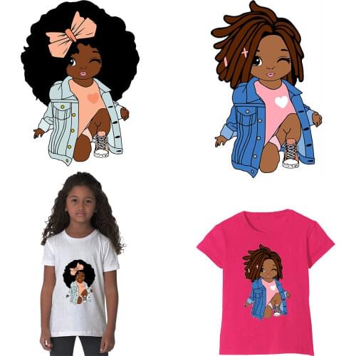 Little Black Girl Patches Heat Transfer Patches Iron On Clothes Thermal Stickers Applique For T-shirt Accessory Patch For Kids