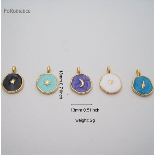 YELLOW GOLD GP 45CM BOX LINK NECKLACE & IRREGULAR CIRCLE SHAPE 5 STYLES STAR MOON HEART LIGHTNING DIFF COLORS ENAMELED PENDANT
