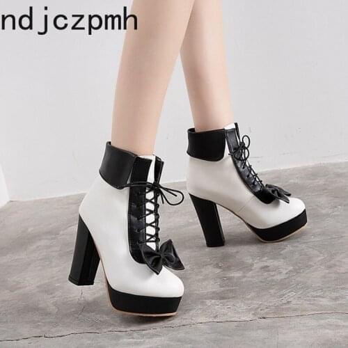 Womens Boots The New Autumn And Winter Color matching butterfly Knot Lace-up High heel Short tube Womens shoes plus size 34-48